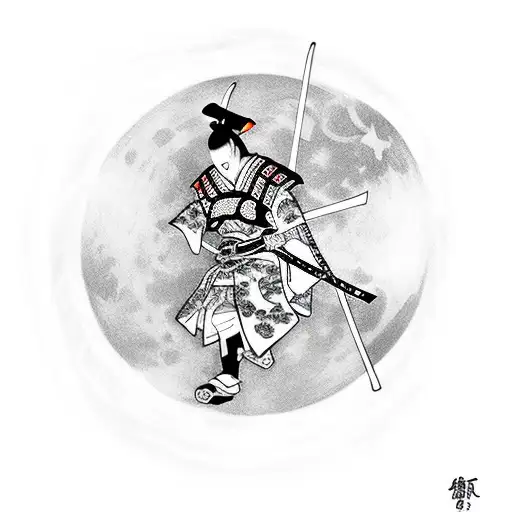 Samurai With A Katana In His Hands Against The Backdrop Of The Red Moon