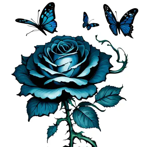 A Rose With A Large And Thorny Stem With A Snake Wrapped In The Stem And Three Butterflies Around
