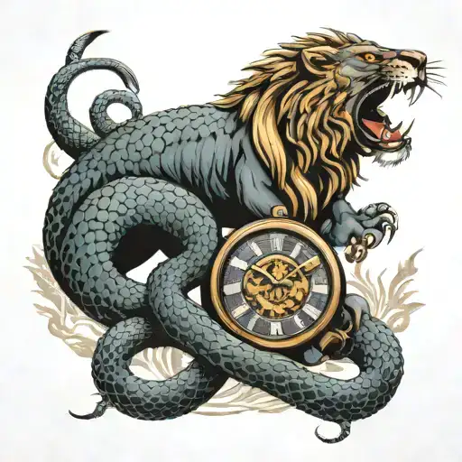 Cobra Snake Fighting A Lion Over A Clock