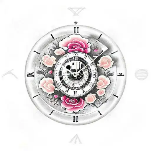 Clock With Roses And Skulls And Cyber