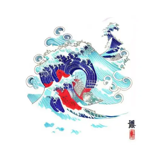 Waves At Bottom Black Japanese Cloud Back Bold Lines