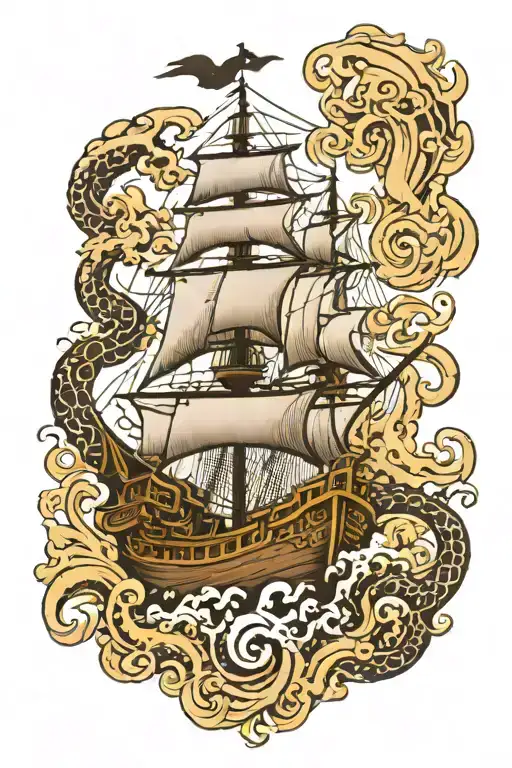 Pirate Ship And Kraken