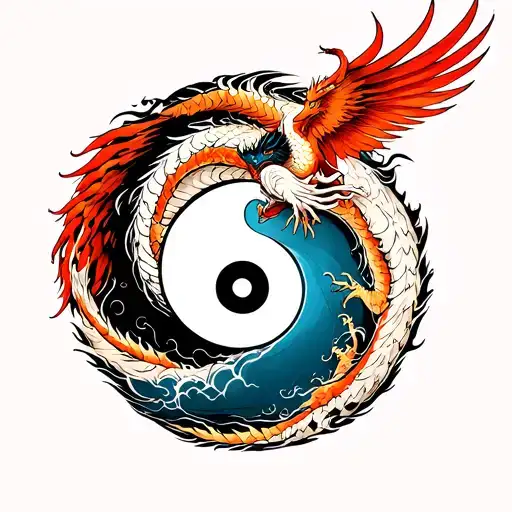 Phoenix And Dragon Flying Around A Yin And Yang Symbol