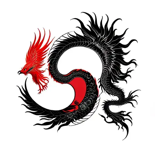 Phoenix And Dragon Flying Around A Yin And Yang Symbol Black No Color