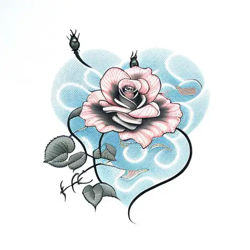 Snake With Rose And Hibiscus In A Heart