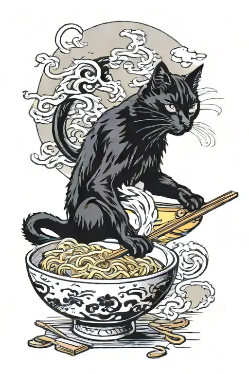 Black Cat Eating Ramen Japanese Vintage Style Ramen Shop Art