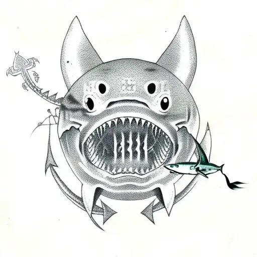 Shark With Skeleton And Anchor And Fish