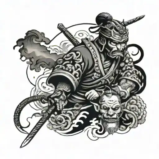 Samurai And Temple Surrounded And Samurai Mask Holding