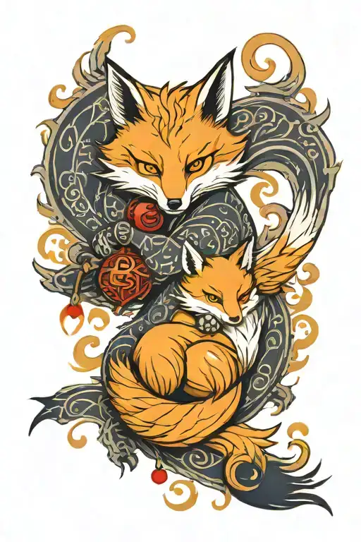 Nine Tailed Fox Holding Two Jingle Bells With Fire Background