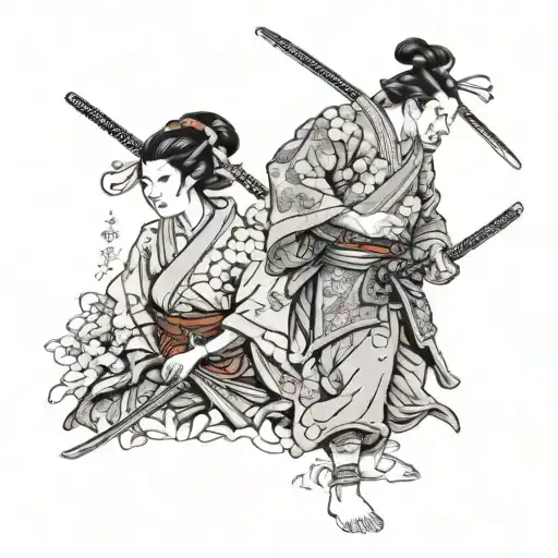 Samurai And Geisha With Battlefield Scene
