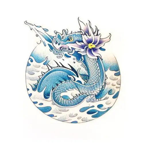 Dragon Sleeve With Water Lilys And Waves