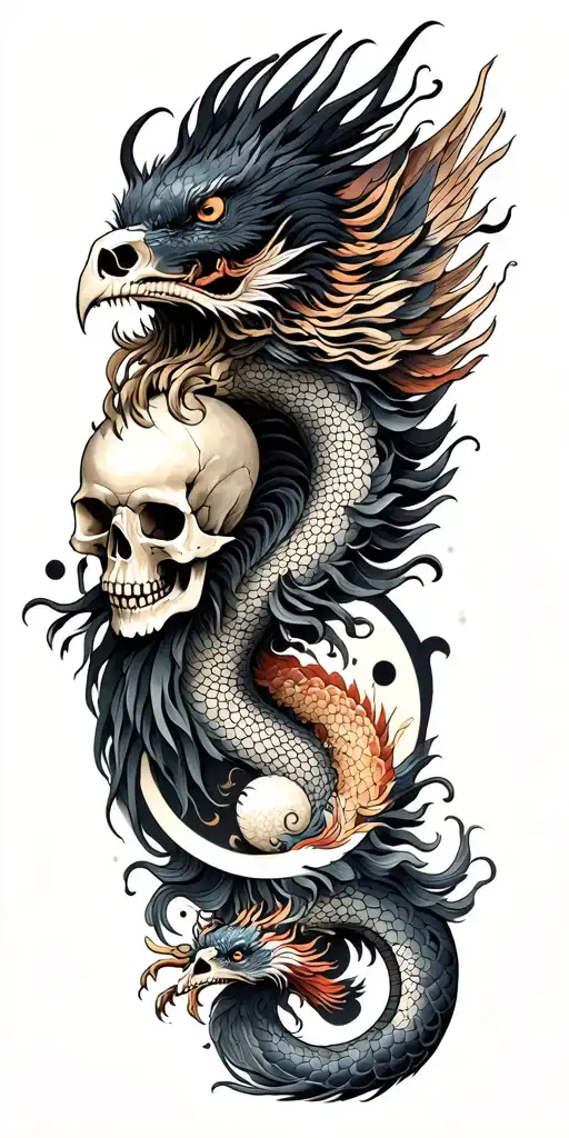Chinese Dragon And Phoenix And Skull And Moon And Raven