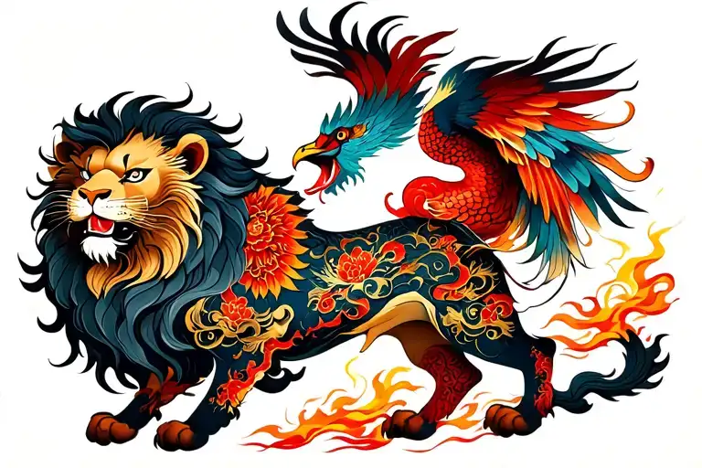 Lion And Phoenix Rising From The Ashes
