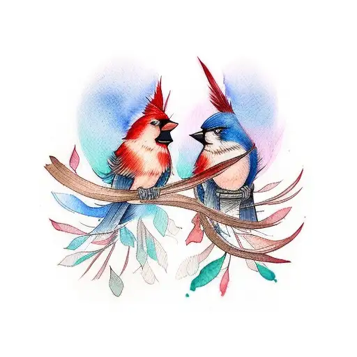 A Tattoo Of Two Watercolor Cardinals Sitting On A Branch