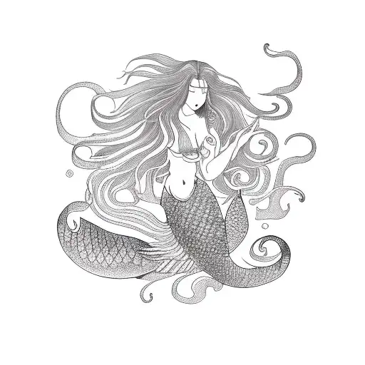 Mermaid With Flowing Hair Swimming Up