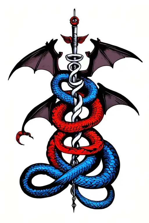 Caduceus Stick With A Red And A Blue Snake Intertwined Under A Bat