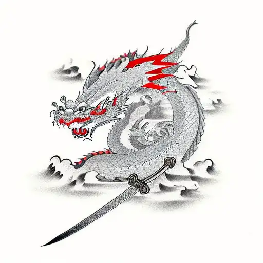 Dragon With Kaizen Japanese Proverb And A Katana Sword