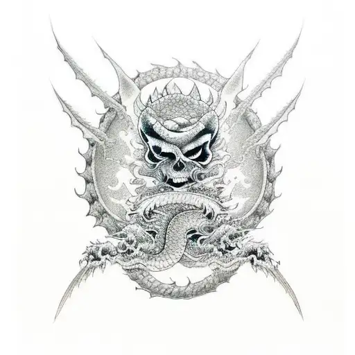 A Dragon And Skull Fused Together With Japanese Wave Motifs