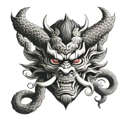 Black And White Oni Mask Surrounded By Snake