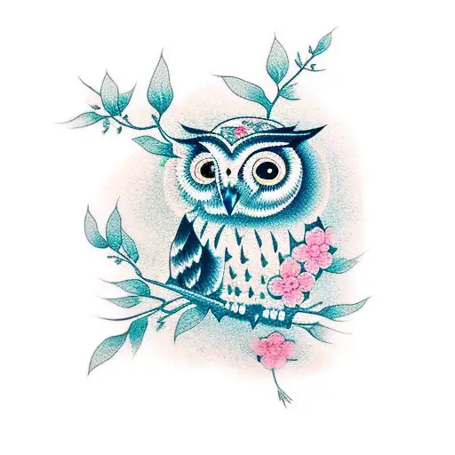 Owl With Sakura Flowers