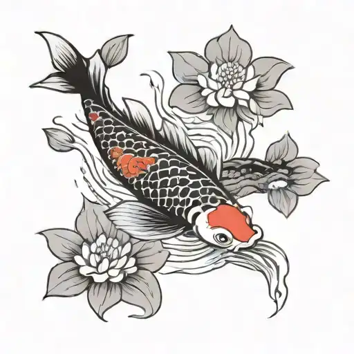 Black And Red Koi Fish Swimming Upstream With Lotus Flowers