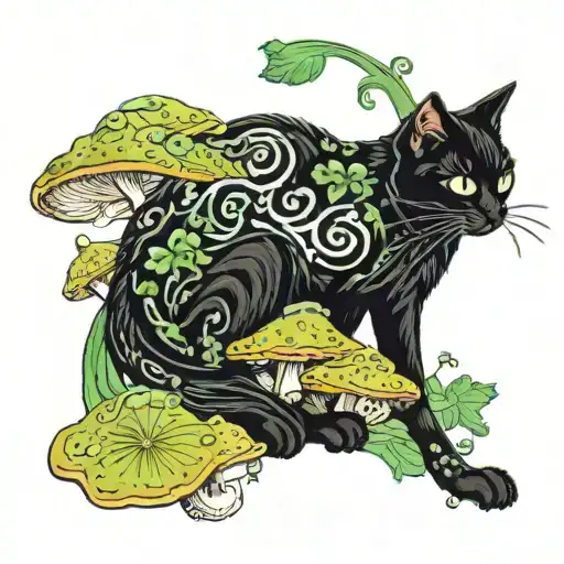 A Black Cat With Green Eyes That Is Surrounded By Mushrooms