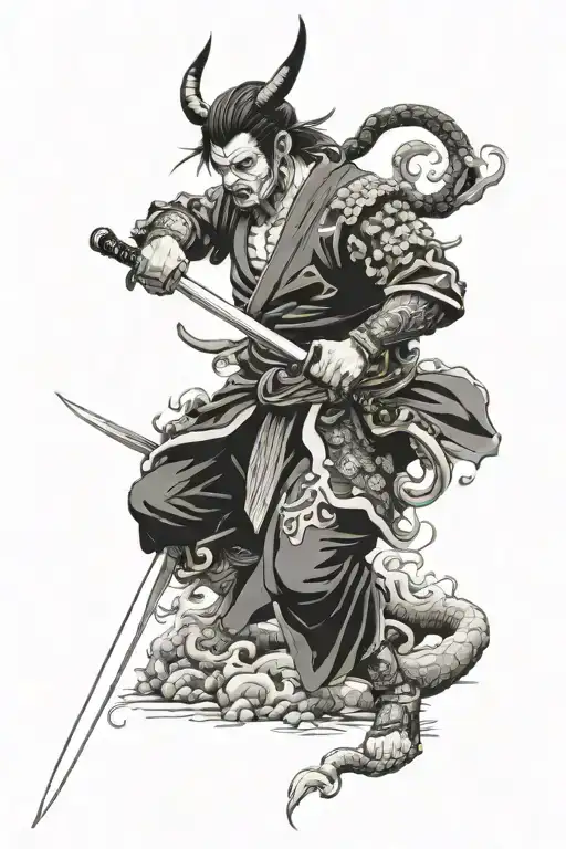 Japanese Devil Samurai Pointing Sword At Fallen Demon