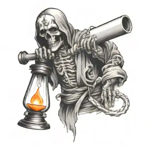 Death Holding Scroll Wrapped In Hand With Hour Glass In Other Hand Tattoo Design