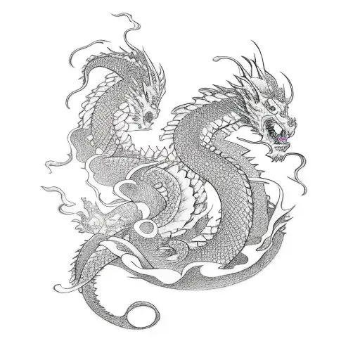 Dragon With Blossom And Waves
