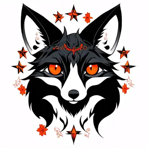 Three -Eyed Black Fox With An Orange Scarlet Eyes Surrounded By A Star Of Baphomet
