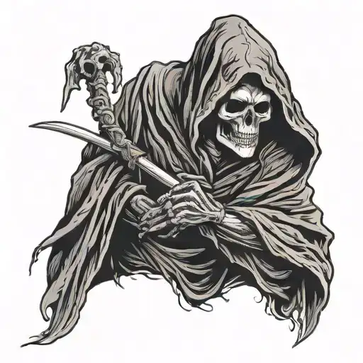 Death Hooded Grim Reaper Looking To The Right Side