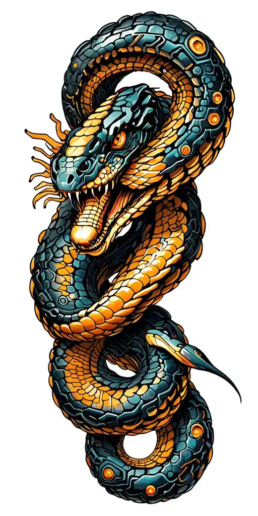 Cybernetic Snake Wrapped Around Circuitry Forming The Shape