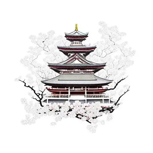 Temple With Cherry Blossoms And A Samurai