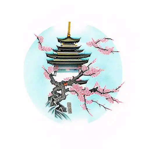 Leg Sleeve Temple With Cherry Blossoms And A Samurai