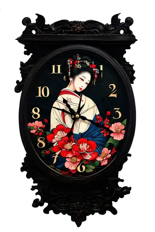 Broken Clock With A Geisha And Cherry Flowers