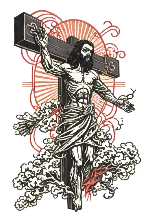 Black Jesus Christ On A Cross With Red Lighting Storm
