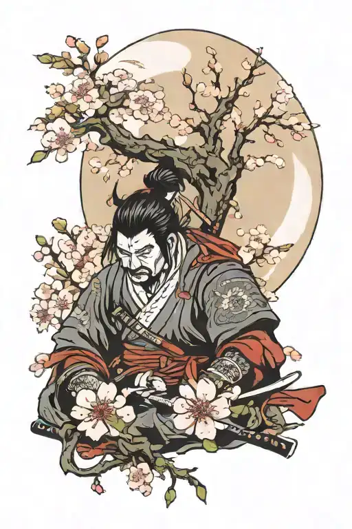 Samurai With Blood Moon Dripping From Sword And A Cherry Blossom Tree With A Moon In The Background
