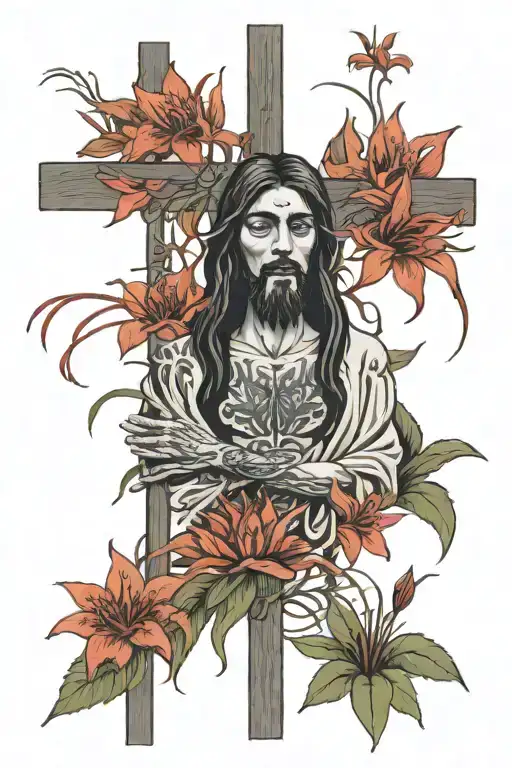 Jesus On The Cross With Red Spider Lily Flower