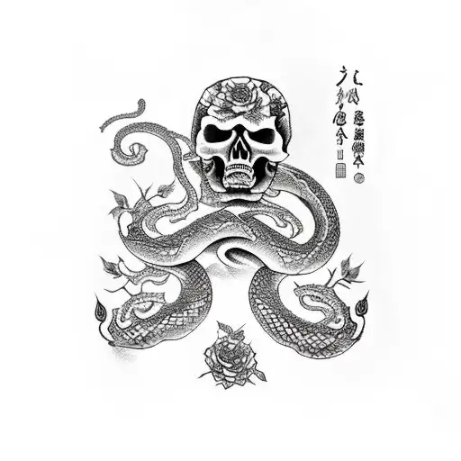 Skull Amongst Cherry Blossums And Maple Leaves With A Snake Through It