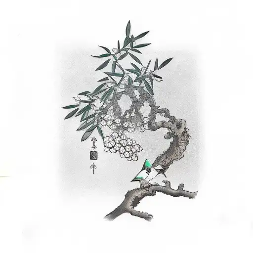 A Pigeon With A Branch In Its Mouth Hovering Over An Olive Tree