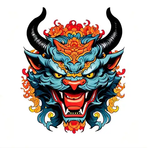 Foo Dog Face Facing Off With Satan Mask