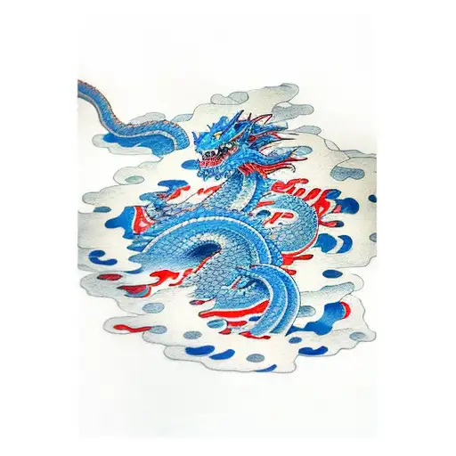 Blue And Red Dragon Flowing In Clouds And Waves