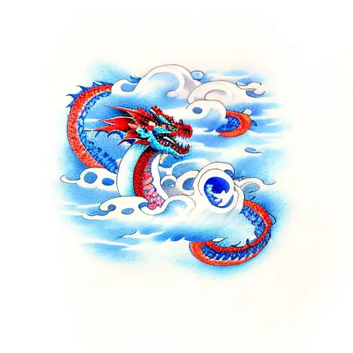 Blue And Red Resilience Dragon In Clouds And Waves