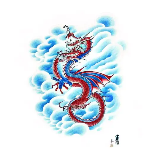 Blue And Red Traditional Looking Dragon In Clouds And Waves
