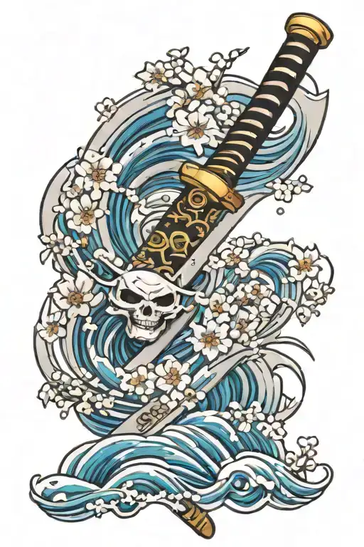 Broken Katana With Sakura Flowers In Waves