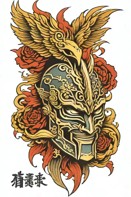 Spartan Mask With A Phoenix Behind It And Around It