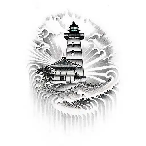 Palm Trees And Light House With Waves And A Tiger