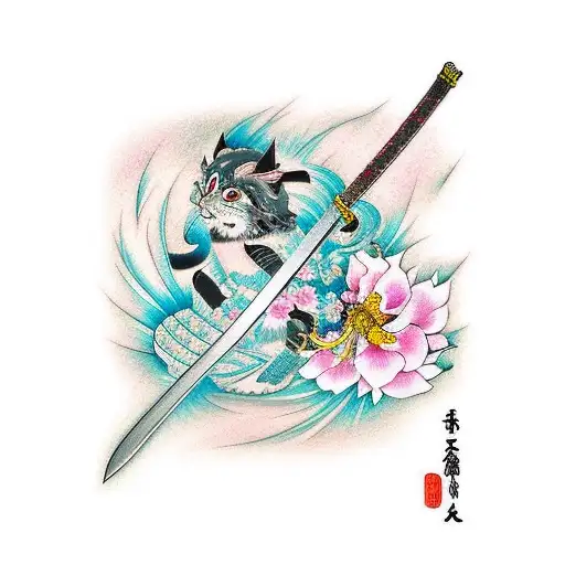 Japanese Katana And Sakura Blossom With Lightenings