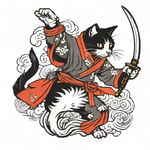 Black And White Cat Without Clothes Raises His Hand Up With A Katana