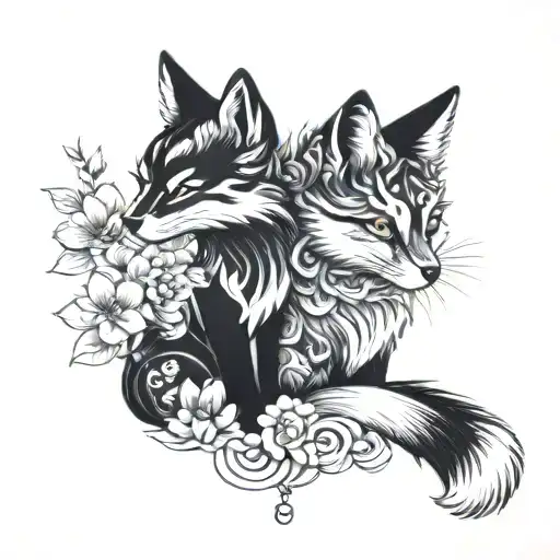 Fox And Cat Black And White Couple